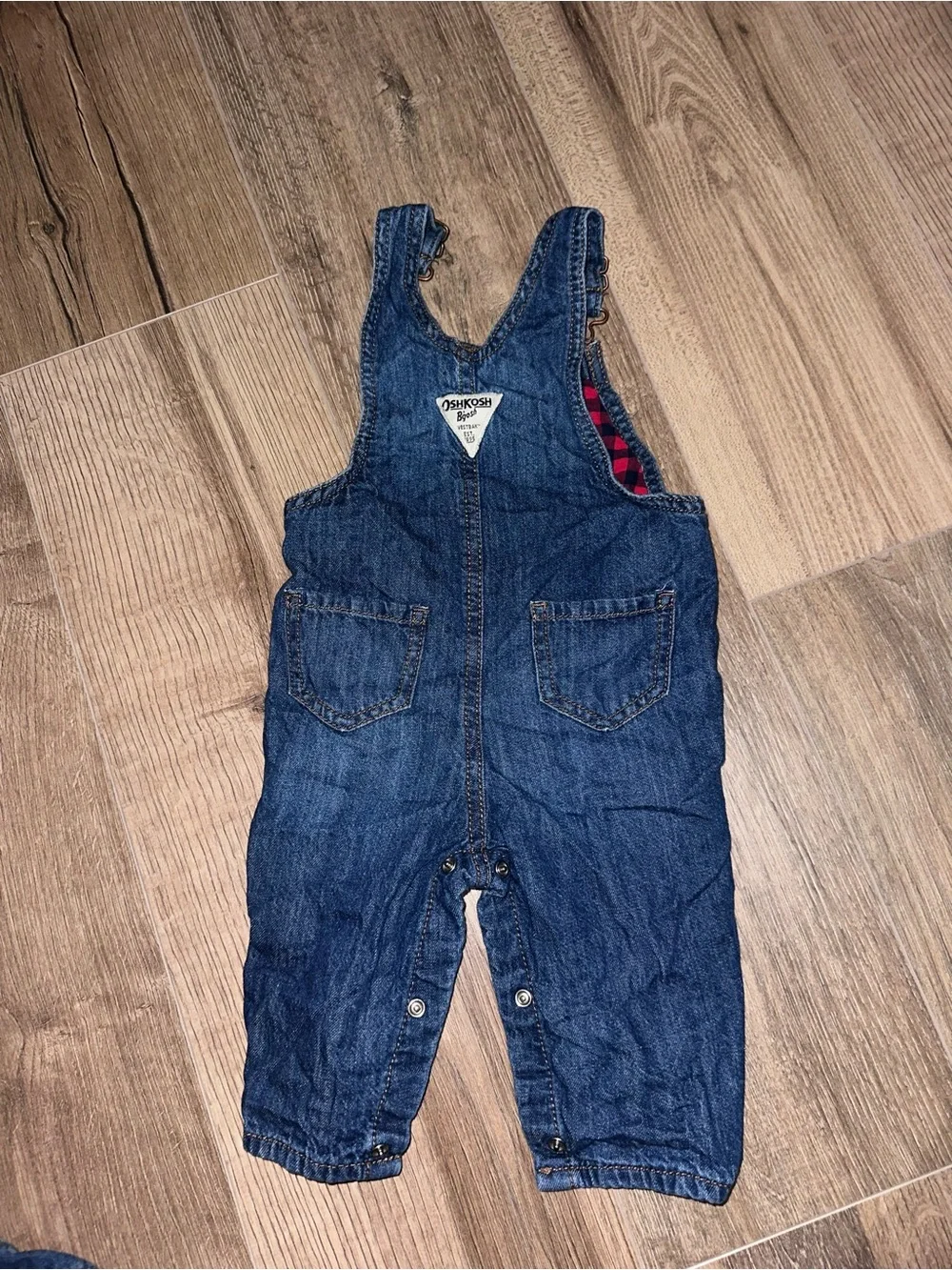 OshKosh B'gosh Dark Blue Denim Overalls with Red Plaid Lining